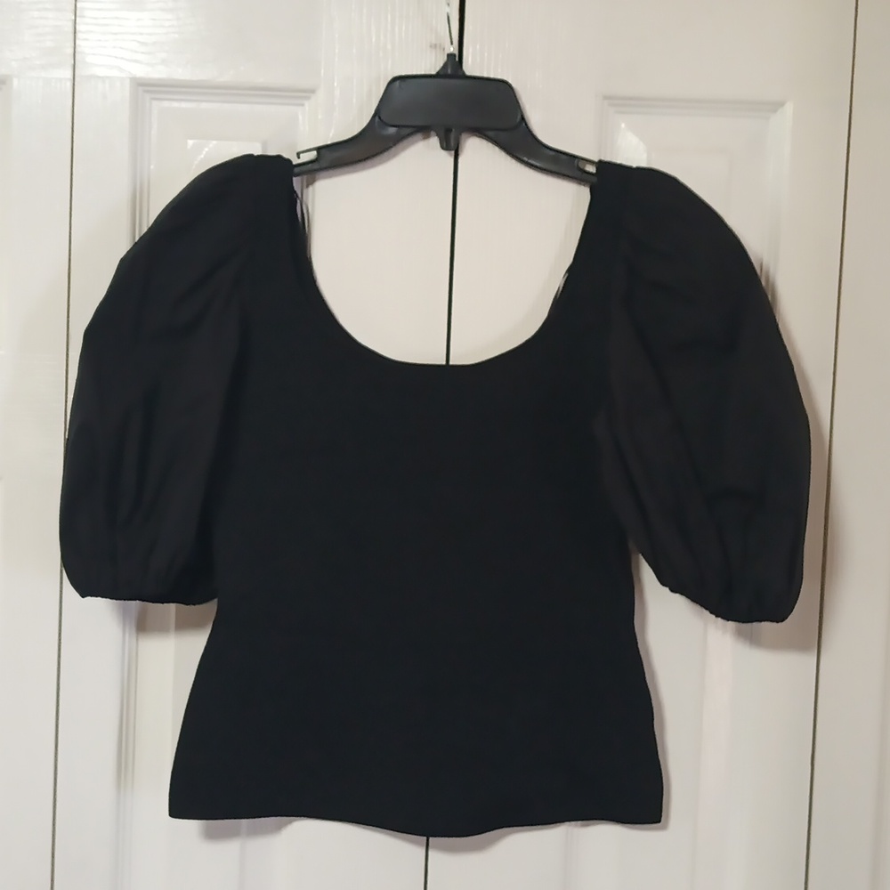 Theory Black Glossed Stretch Scoop Neck Top - Picture 3 of 8